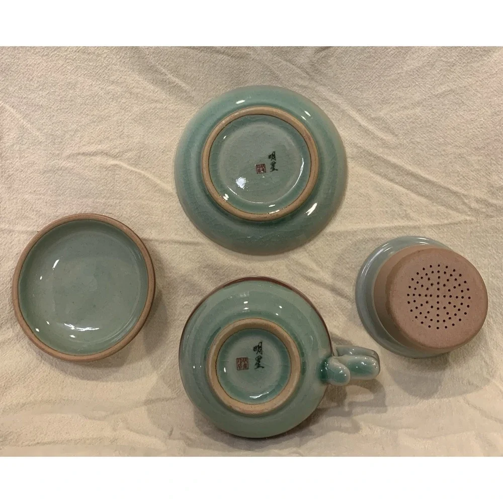 Rare Maroon-Korean Celadon Tea Diffuser Set-(4 Piece) Korean Aster Floral Motif-